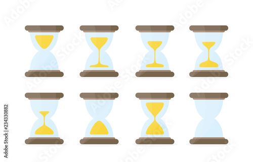 Hourglass sprites illustration for animation frames. Colored sand clocks on white background. Use in game development, mobile games or motion graphic.