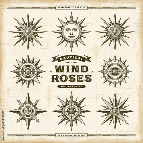 Vintage Nautical Wind Roses Set. EPS10 vector illustration in retro woodcut style with transparency.