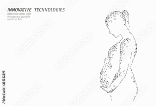 Low poly 3D pregnant woman. Medicine health care pregnancy healthy business concept. Polygonal girl silhouette holding big belly in vitro fertilization. Medical center birth help IVF modern concept
