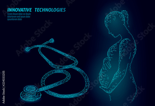 Low poly 3D pregnant woman. Medicine health care pregnancy healthy business concept. Polygonal girl silhouette holding big belly in vitro fertilization. Medical center birth help IVF modern concept