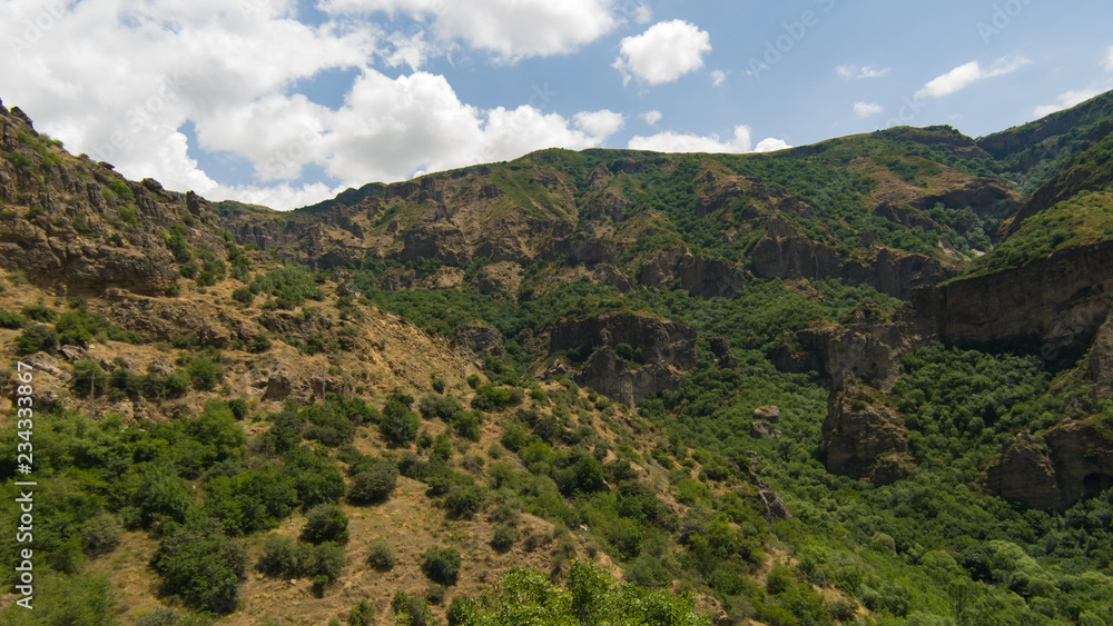 View of mountains landscape in Geghard, Armenia, selective focus