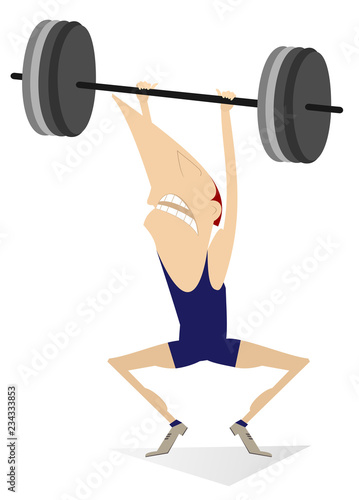 Cartoon man weightlifter illustrationю Cartoon strong man is trying to lift a heavy weight isolated on white 