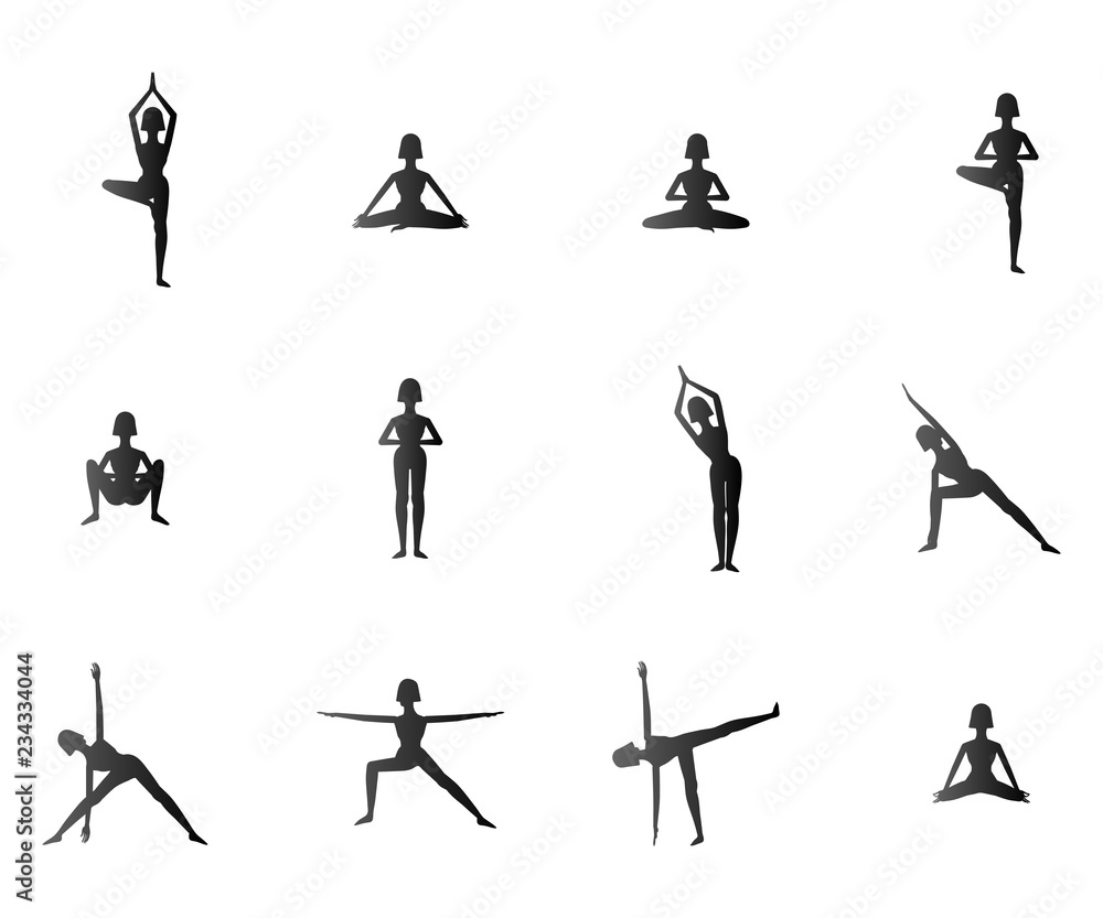 set of woman doing different yoga poses set of woman doing different yoga poses