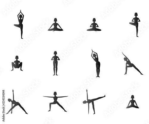 set of woman doing different yoga poses