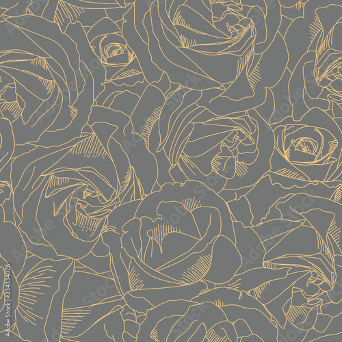 Roses bud outlines. Seamless pattern with flowers in yellow ad gray colors. Hand-drawn romantic background. Style of sketch or doodle . Vector illustration, eps10. Template for textile, wrap paper.