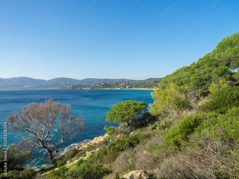 Le cap Lardier. La Croix Valmer. Vue sur la plage Gigaro, la baie de Cavalaire et la presqu'île de Saint-Tropez depuis le sentier du littoral.