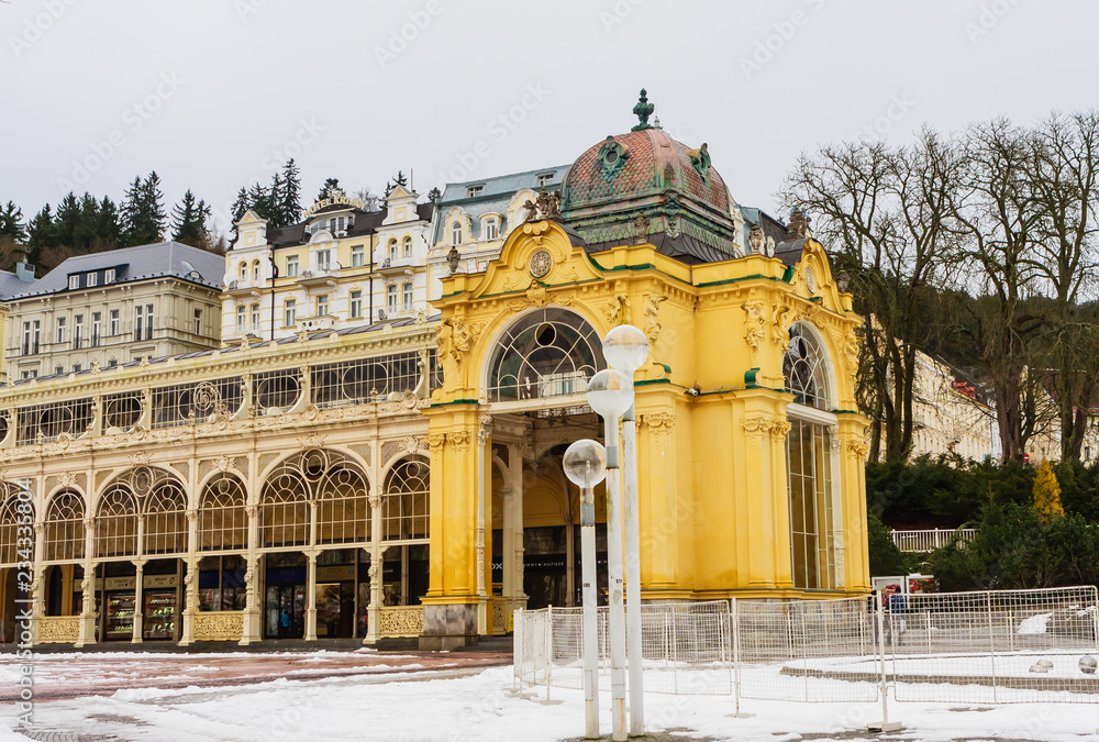 Colonnade in spa town Marianske Lazne (Marienbad) Czech Republic.Winter time.