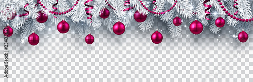 Christmas and New Year banner with fir branches and pink Christmas balls on transparent background.
