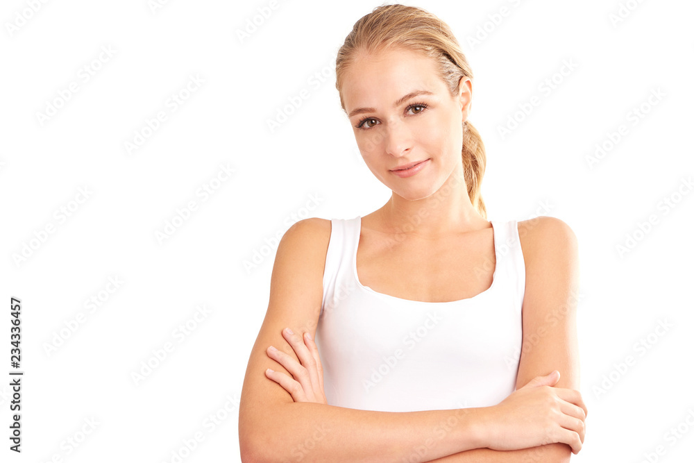 Young woman with beautiful face standing at isolated white background. Beauty shot. Young woman with beautiful face standing at isolated white background. Beauty shot.