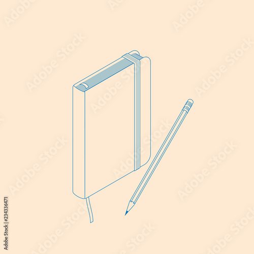 isometric flat vector illustration of copybook notepad with pencil.