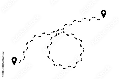 Obraz na plátně Man footprints and map pins isolated on white background