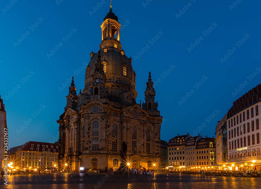 The famous Frauenkirche in Dresden during a night walk.