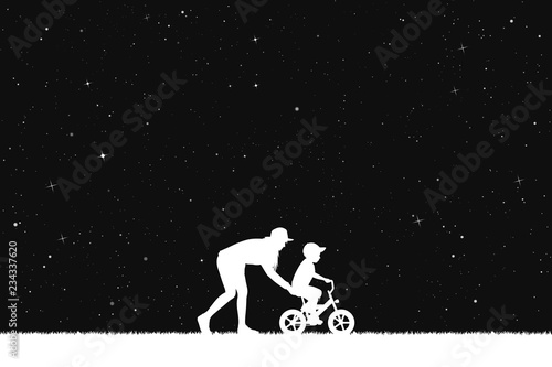 Girl teaching boy to ride bike in park at night. Vector illustration with silhouette of mother with child on bicycle under starry sky. Inverted black and white