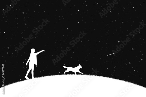 Girl trains dog in park at night. Vector illustration with silhouettes of woman and running pet under starry sky. Inverted black and white