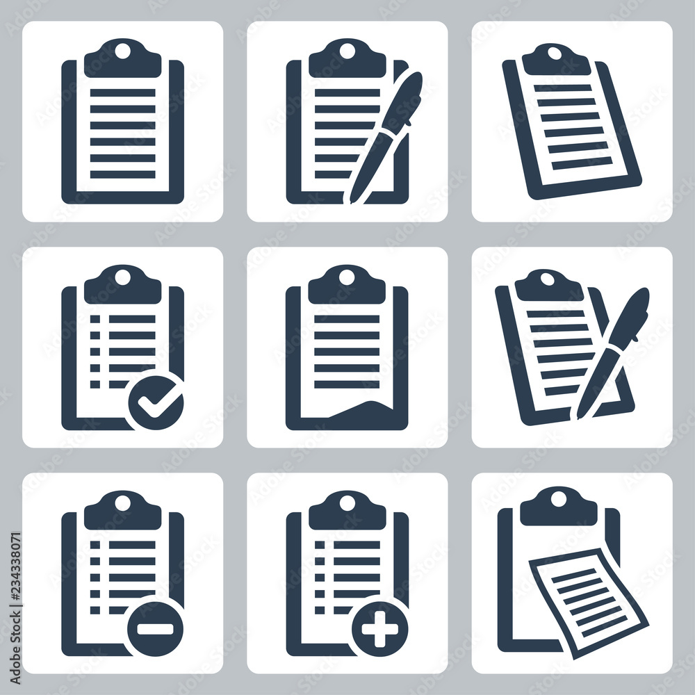 Vector isolated clipboard, checklist icons set Vector isolated clipboard, checklist icons set
