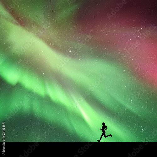 Girl running in park at night. Vector illustration with silhouette of female runner. Northern lights in starry sky. Colorful aurora borealis