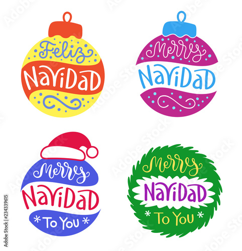 Faliz Navidad Christmas Greeting In Calligraphy Hand Lettering, With Ornaments And Decorative Elements, In Different Holiday Colors In Spanish