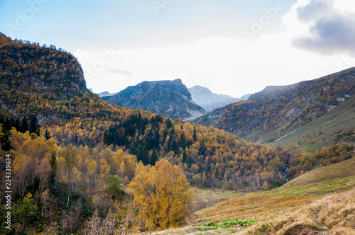 Autumn landscape of the Arkhyz valley in the upper part. photo