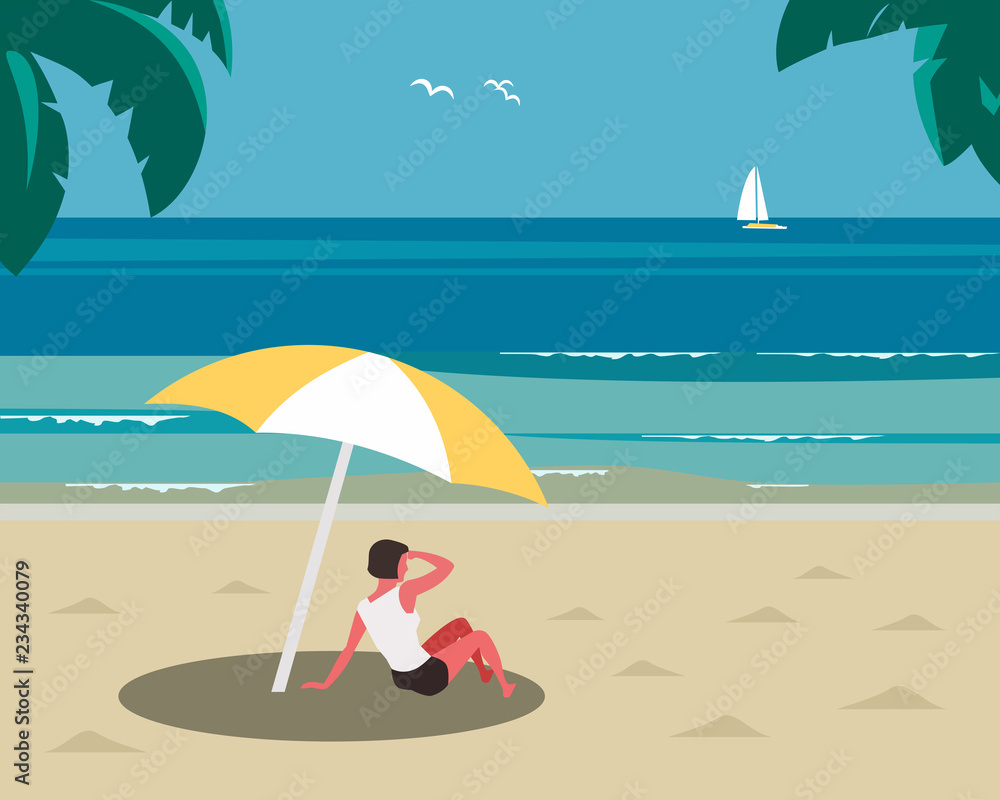 Rest on sea beach. Vacation on seashore coast. Young girl rests under sun umbrella on sand beach. Concept to relax, enjoy calm ocean marine landscape scenic view. Minimal style. Vector illustration - obrazy, fototapety, plakaty 