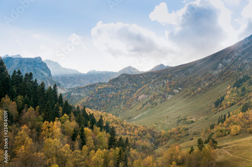 Autumn landscape of the Arkhyz valley in the upper part. © Юрий Бартенев