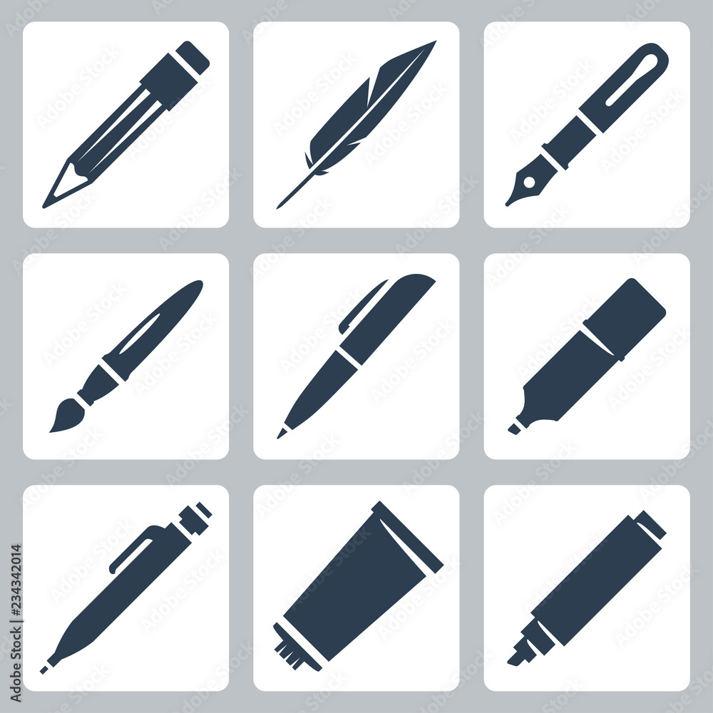 Vector writing and painting tools icons set: pencil, feather, fountain pen, brush, pen, marker, mechanical pencil, tube of paint Vector writing and painting tools icons set: pencil, feather, fountain pen, brush, pen, marker, mechanical pencil, tube of paint