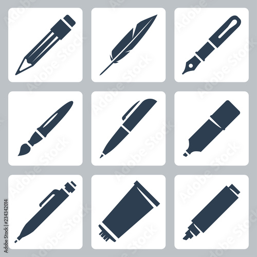 Vector writing and painting tools icons set: pencil, feather, fountain pen, brush, pen, marker, mechanical pencil, tube of paint