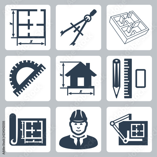 Vector building design icons set: layout, pair of compasses, protractor, pencil, ruler, eraser, blueprint, designer, drawing board