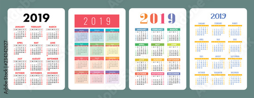 Calendar 2019. English colorful set. Week starts on Sunday. New Year. Basic grid