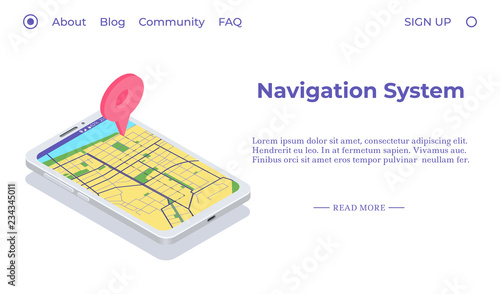 Mobile navigation app concept. Smartphone with mark on a map. Isometric composition. Vector illustration