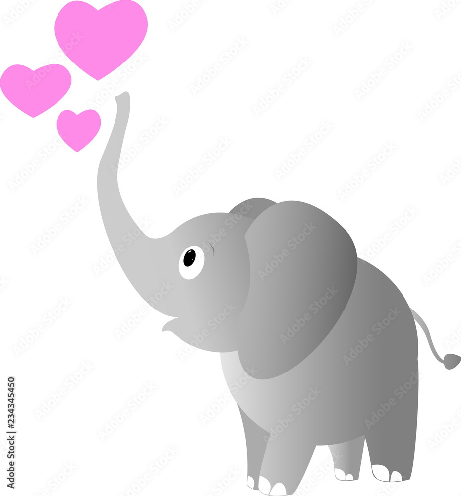 Cute little elephant and three pink hearts. Vector illustration .