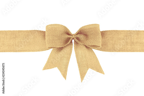 Vintage burlap ribbon bow isolated on white background