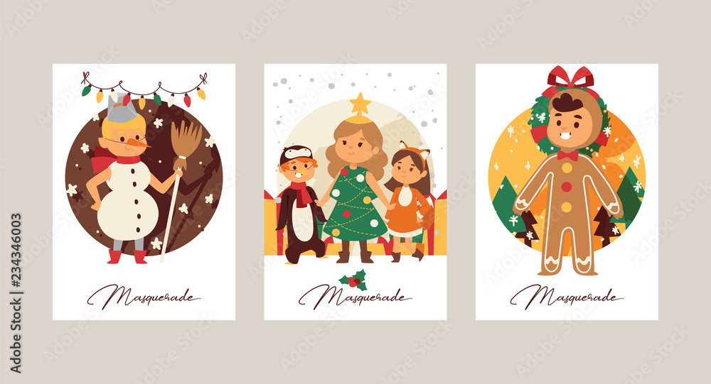 Christmas 2019 Happy New Year greeting card happy kids children costume vector background banner holidays winter xmas congratulation New Year poster or web banner illustration
