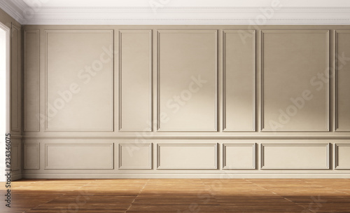 Classic empty room with old wooden floor and beige wall. 3d illustration