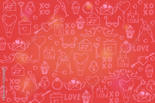 Happy Valentine's Day. Festive red background with hand drawn love symbols for Valentine's day. line art. Sketch