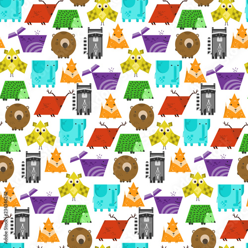 Bright kids seamless pattern with cute geometric animals. Square elephant, rectangular raccoon, triangular fox, texture for textile, wrapping paper, cover design, children cloth
