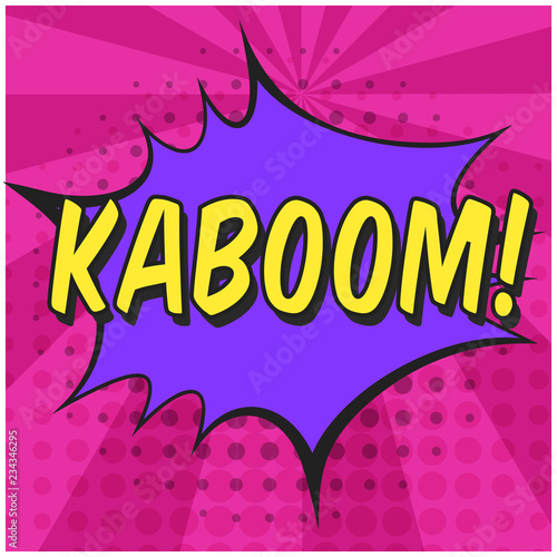 Bright contrast pink comic speech bubble with KABOOM text. Purple outline balloon with dotted halftone shadow and stripes in pop art style for advertisement text, web design, flyer