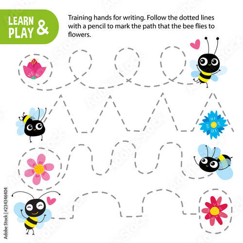 training childrens motor skill hand, writing skill. Connect dotted lines by pencil to track way that bee follows to flower. Game for children. Learn and play. Vector illustration on white background.