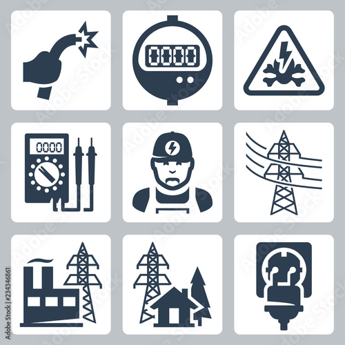 Vector power industry icons set: bared wire, supply meter, danger sign, multimeter, electrician, power line, power plant, power supply, plug and receptacle