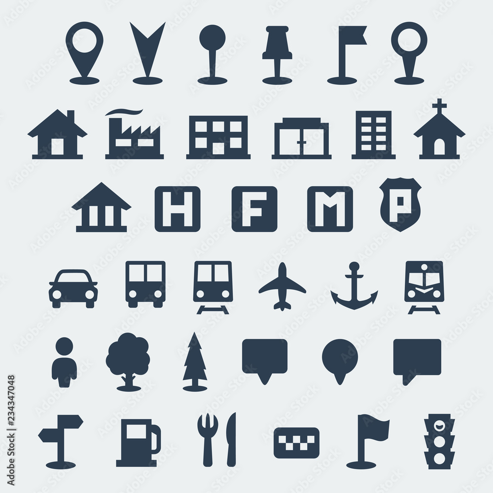 Vector isolated map icons set Vector isolated map icons set