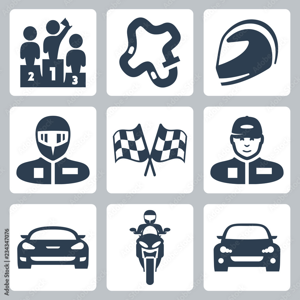 Vector race icons podium, track, helmet, racer in helmet, racing flag, racer in cap, racing car