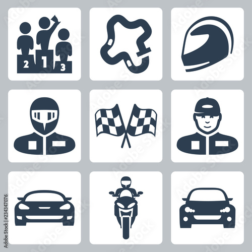 Vector race icons: podium, track, helmet, racer in helmet, racing flag, racer in cap, racing car, motorcycle, rally car