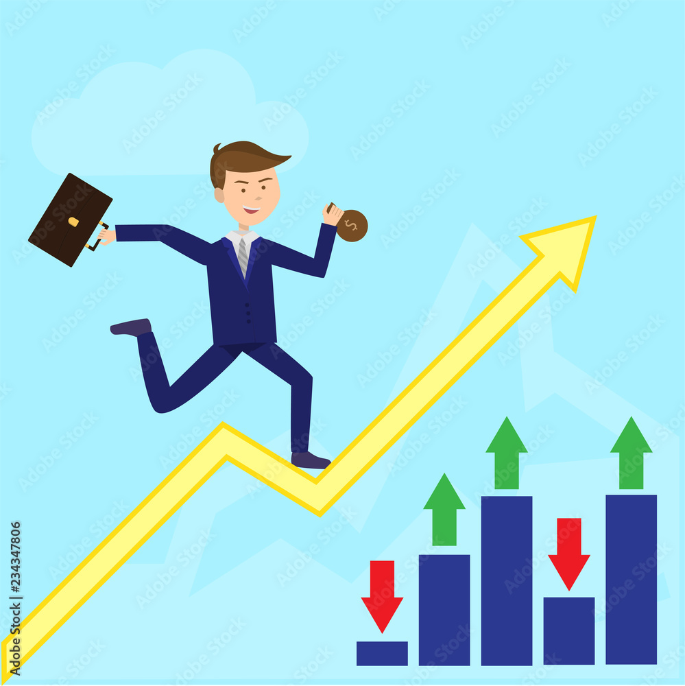 Businessman running on growth arrow trader flat background Businessman running on growth arrow trader flat background