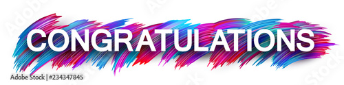 Congratulations banner with colorful brush strokes on white background.