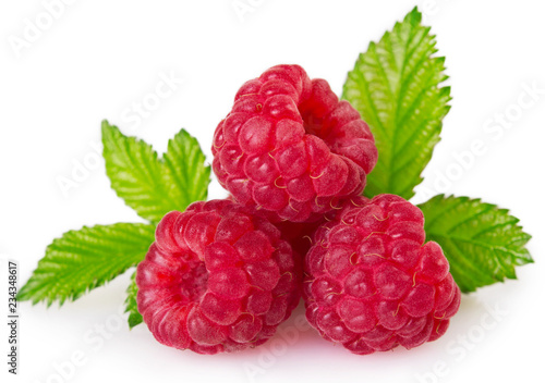 Fresh raspberry with leaf on white background