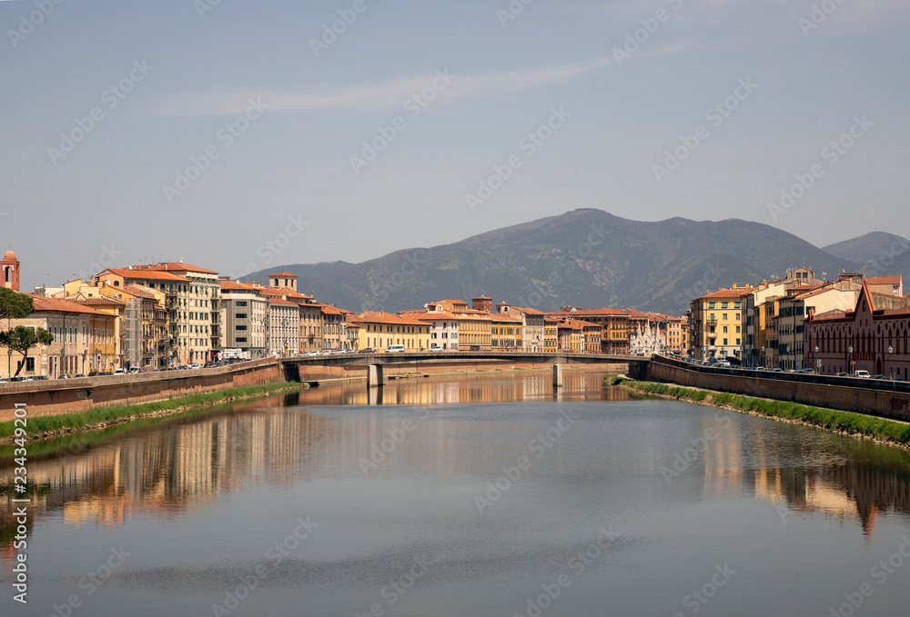 View of the medieval town of Pisa from bridge 