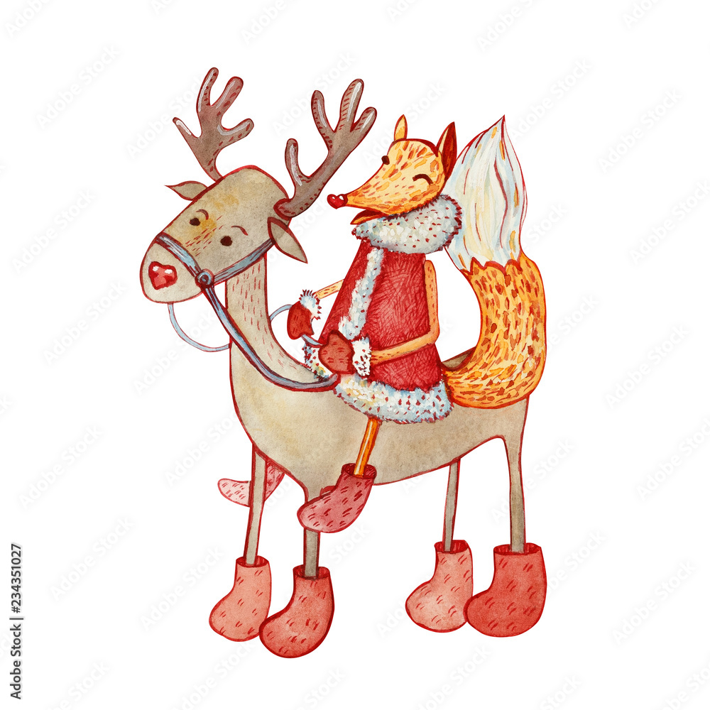 Fototapeta premium Watercolor illustration with a sly fox sitting astride a deer.