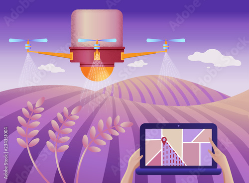 Drone or quadcopter for Agriculture. Vector illustration. Drone fly over the field and makes spraying or watering. Hands controlling the drone via laptop.