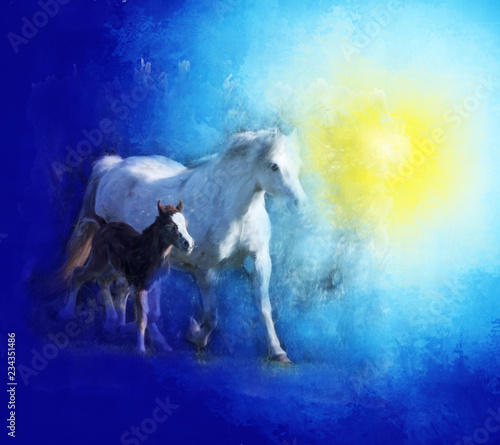 painting of horse and foal on the background of sky