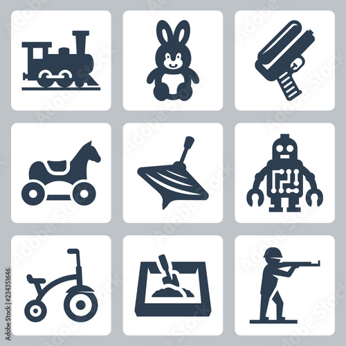 Children's toys vector icons set: train, hare, water gun, horse, humming-top, robot, tricycle, sandbox, plastic toy soldier photo