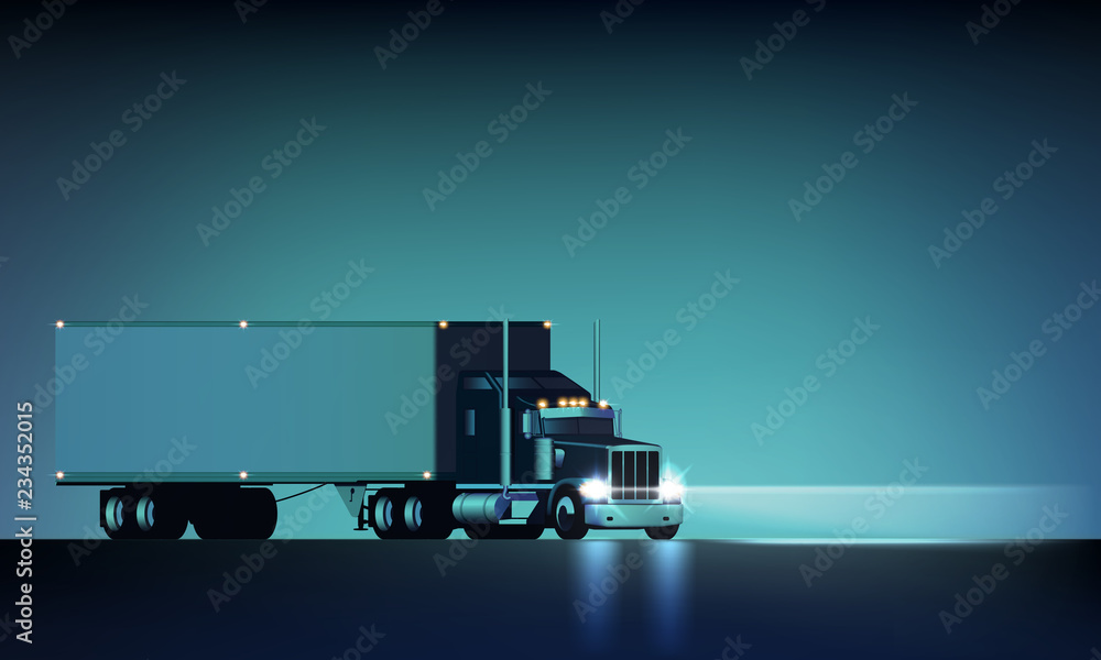 Night large classic big rig semi truck with headlights and dry van semi riding on the night background, vector illustration